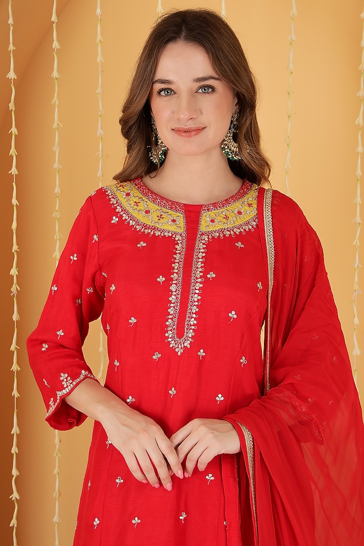 Red Viscose Dupion Silk Party Wear Sharara Set by Milu Madan at Pernia's Pop Up Shop