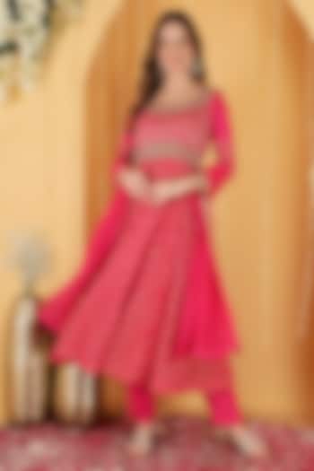 Hot Pink Pure Chanderi Brocade Wedding Anarkali Set by Milu Madan at Pernia's Pop Up Shop