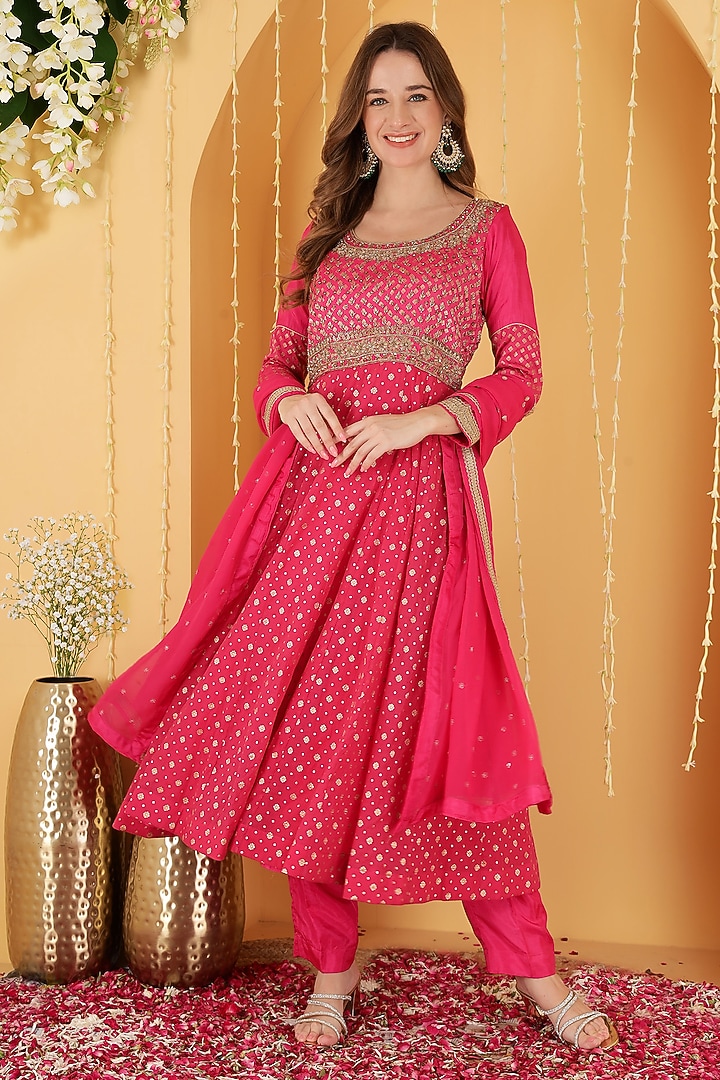 Hot Pink Pure Chanderi Brocade Wedding Anarkali Set by Milu Madan at Pernia's Pop Up Shop