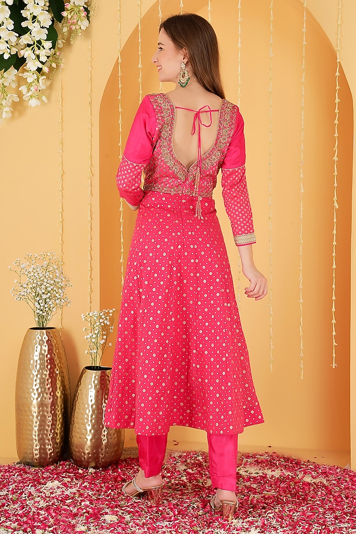 Hot Pink Pure Chanderi Brocade Wedding Anarkali Set by Milu Madan at Pernia's Pop Up Shop