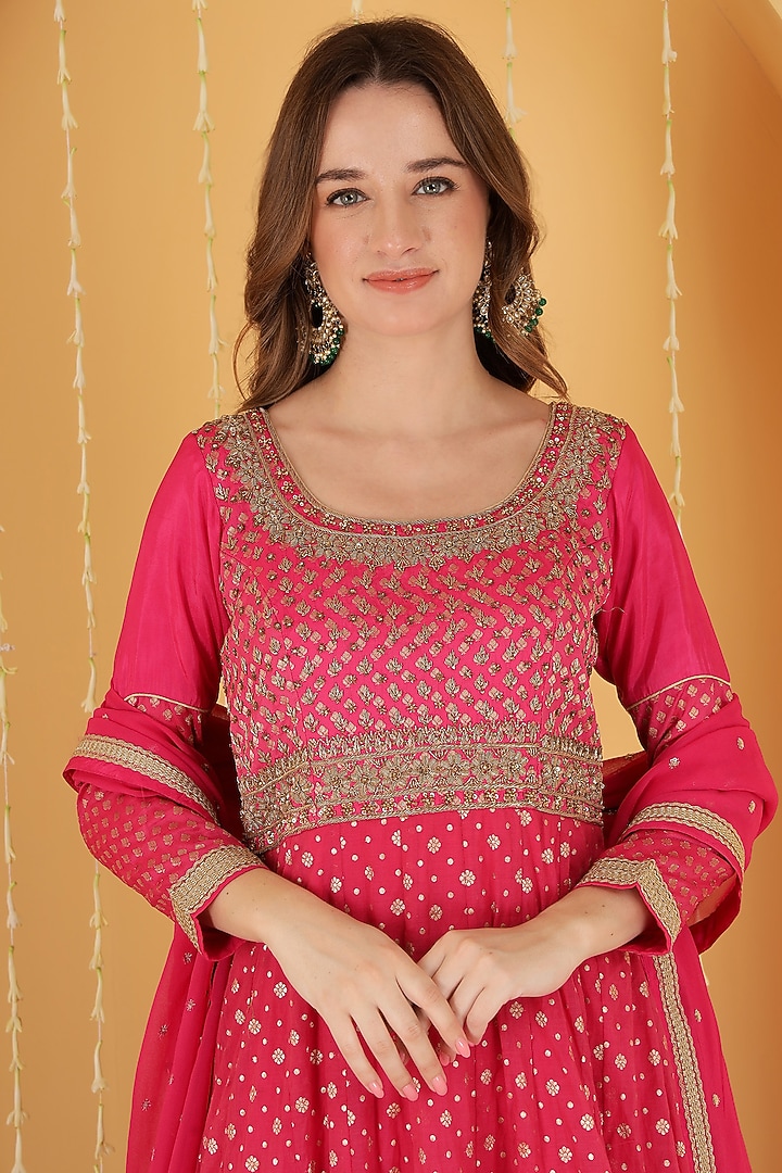 Hot Pink Pure Chanderi Brocade Wedding Anarkali Set by Milu Madan at Pernia's Pop Up Shop