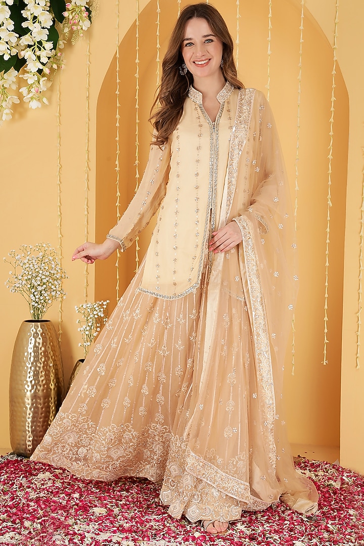 Light Beige Double Net Cutdana Embroidered Kurta Set by Milu Madan at Pernia's Pop Up Shop