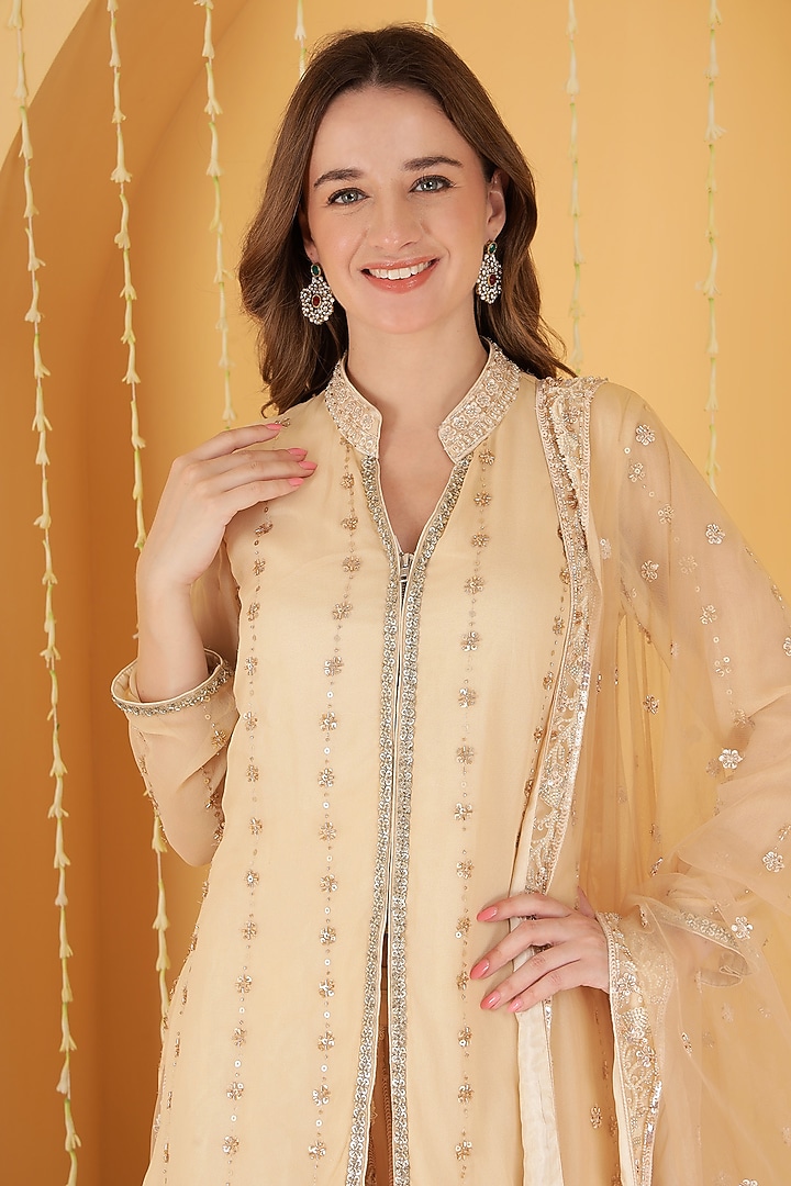Light Beige Double Net Cutdana Embroidered Kurta Set by Milu Madan at Pernia's Pop Up Shop