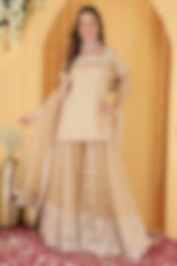 Light Fawn Pure Silk Brocade Wedding Sharara Set by Milu Madan at Pernia's Pop Up Shop