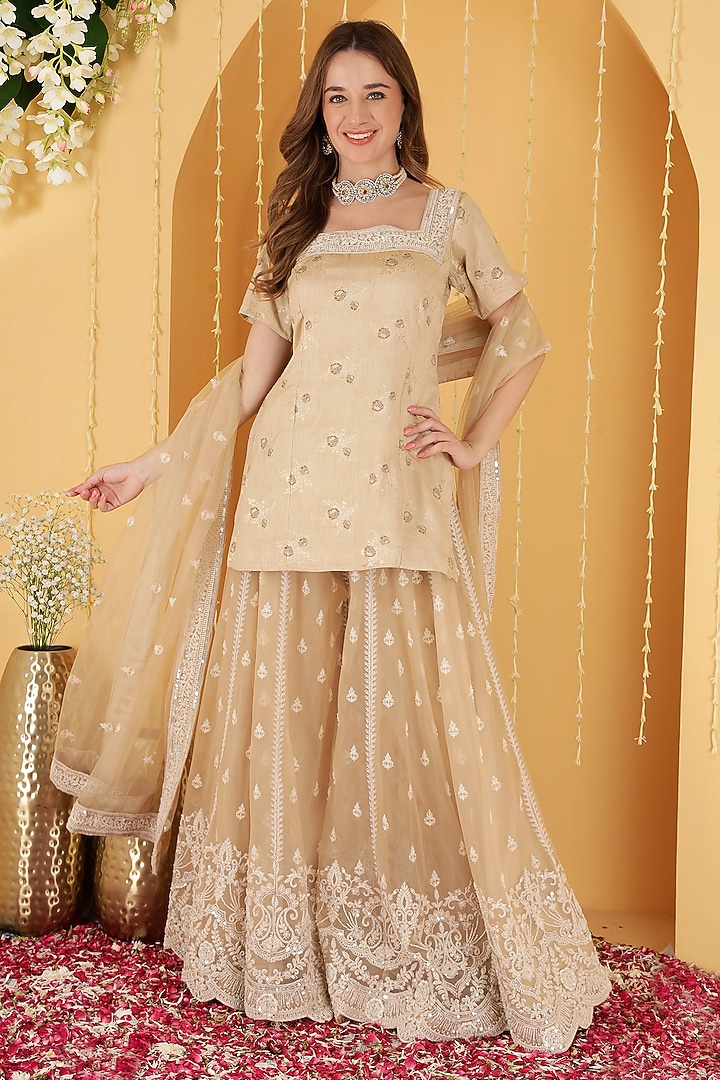 Light Fawn Pure Silk Brocade Wedding Sharara Set by Milu Madan at Pernia's Pop Up Shop