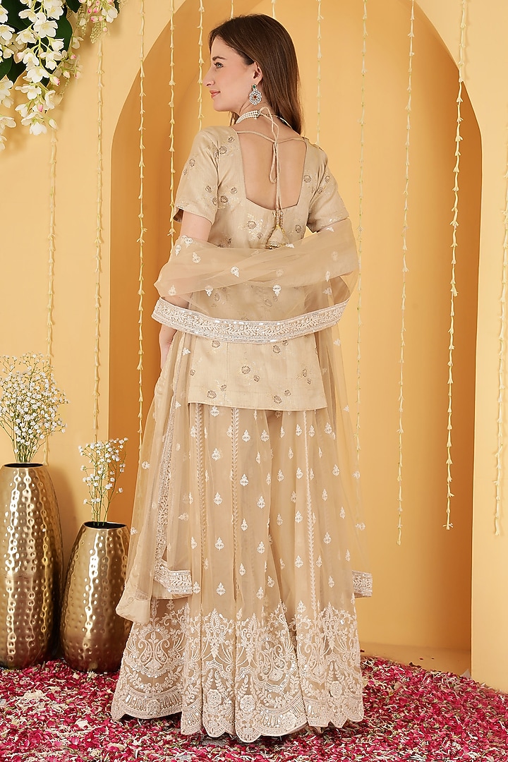 Light Fawn Pure Silk Brocade Wedding Sharara Set by Milu Madan at Pernia's Pop Up Shop