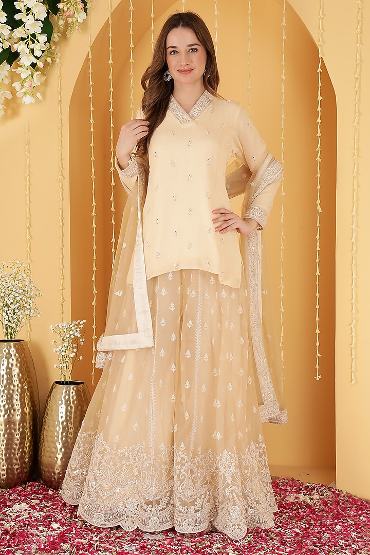 Beige Georgette Wedding Sharara Set by Milu Madan at Pernia's Pop Up Shop