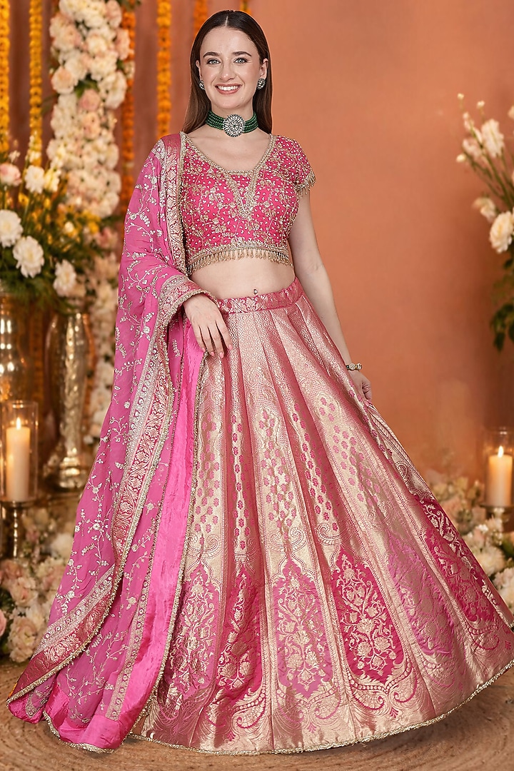 Hot Dark Pink Silk Brocade Floral Hand Embroidered Wedding Lehenga Set by Milu Madan at Pernia's Pop Up Shop