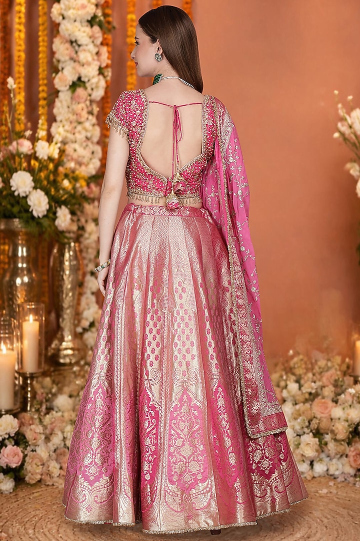 Hot Dark Pink Silk Brocade Floral Hand Embroidered Wedding Lehenga Set by Milu Madan at Pernia's Pop Up Shop