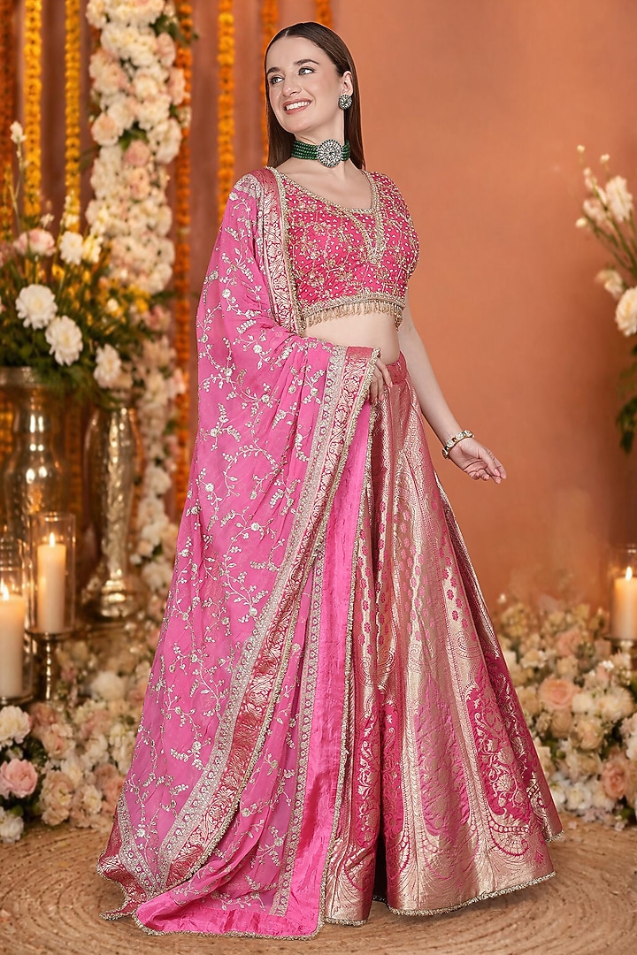 Hot Dark Pink Silk Brocade Floral Hand Embroidered Wedding Lehenga Set by Milu Madan at Pernia's Pop Up Shop