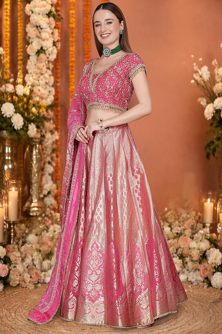 Hot Dark Pink Silk Brocade Floral Hand Embroidered Wedding Lehenga Set by Milu Madan at Pernia's Pop Up Shop