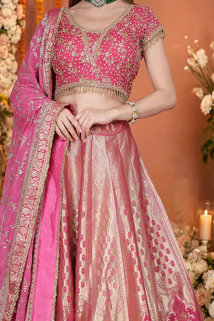 Hot Dark Pink Silk Brocade Floral Hand Embroidered Wedding Lehenga Set by Milu Madan at Pernia's Pop Up Shop