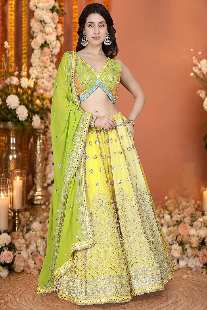 Yellow & Green Georgette Sequin Embroidered Wedding Lehenga Set by Milu Madan at Pernia's Pop Up Shop