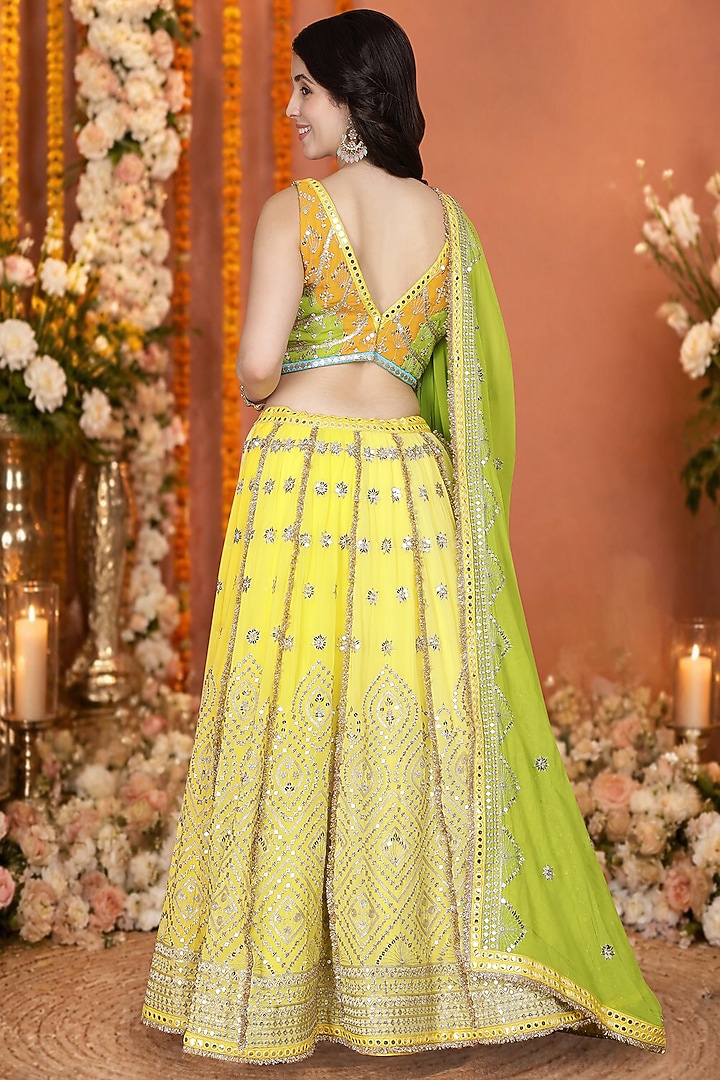 Yellow & Green Georgette Sequin Embroidered Wedding Lehenga Set by Milu Madan at Pernia's Pop Up Shop