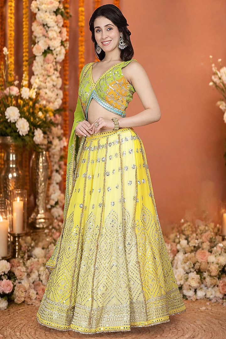 Yellow & Green Georgette Sequin Embroidered Wedding Lehenga Set by Milu Madan at Pernia's Pop Up Shop