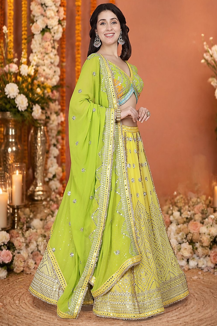 Yellow & Green Georgette Sequin Embroidered Wedding Lehenga Set by Milu Madan at Pernia's Pop Up Shop