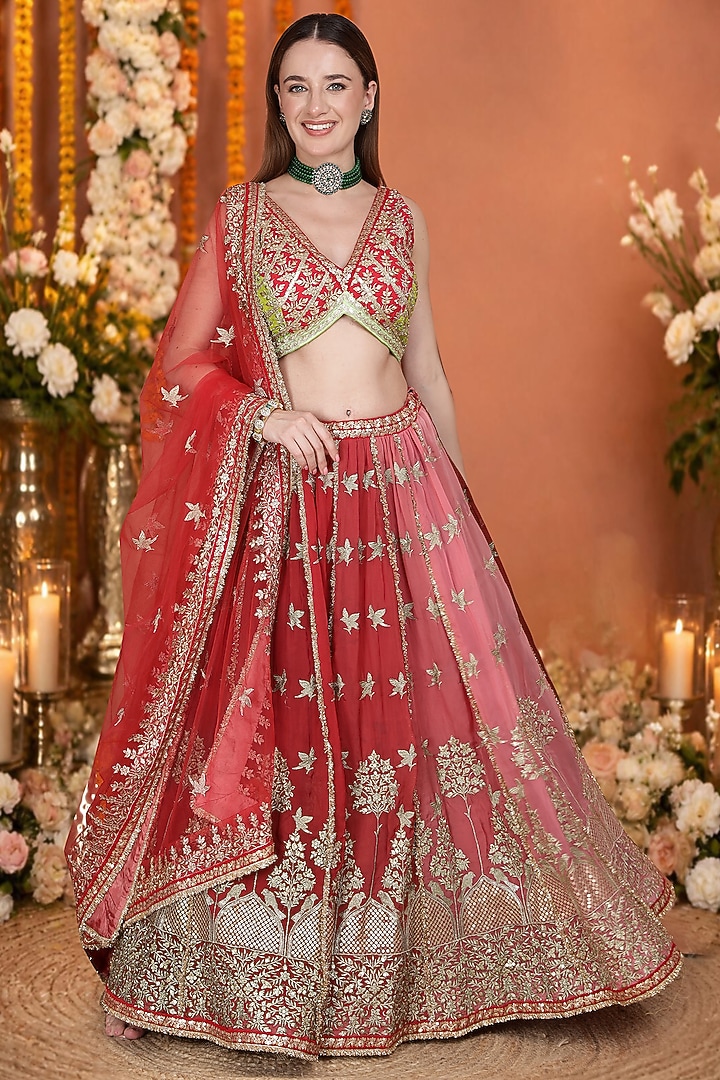 Coral Red Georgette Sequin Embroidered Wedding Lehenga Set by Milu Madan at Pernia's Pop Up Shop