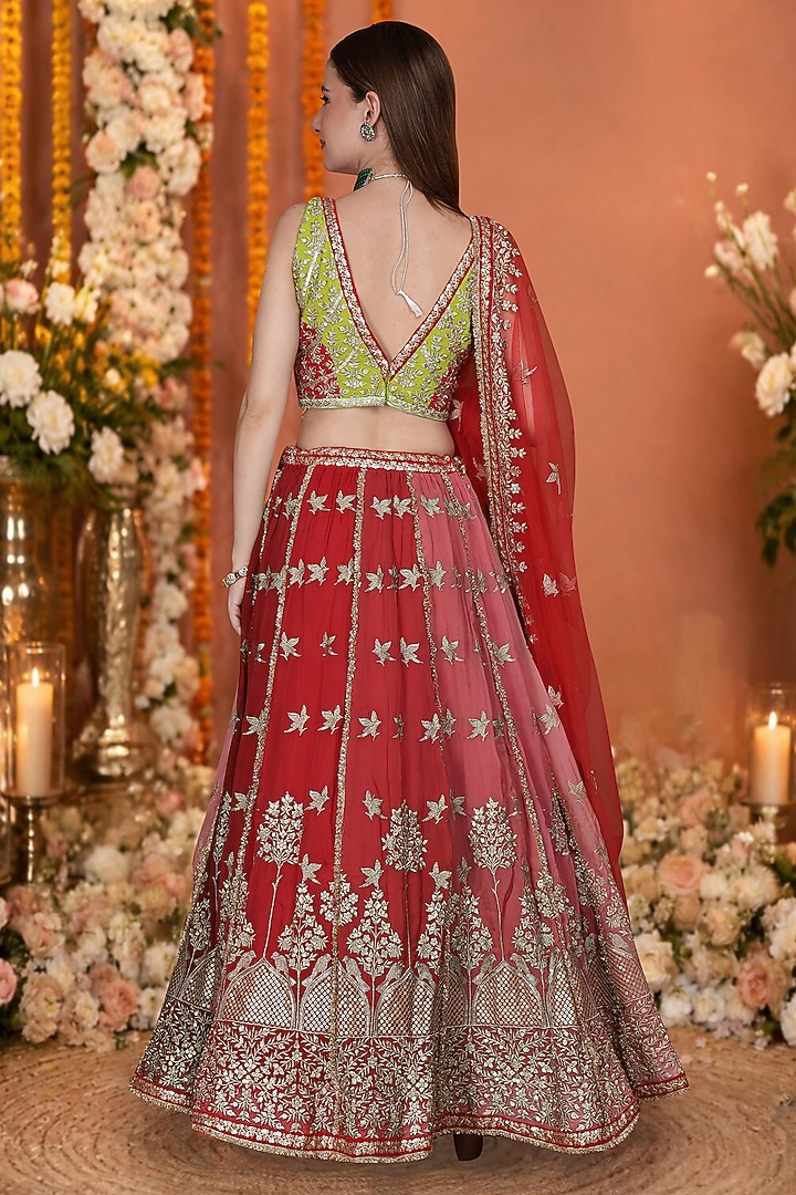 Coral Red Georgette Sequin Embroidered Wedding Lehenga Set by Milu Madan at Pernia's Pop Up Shop