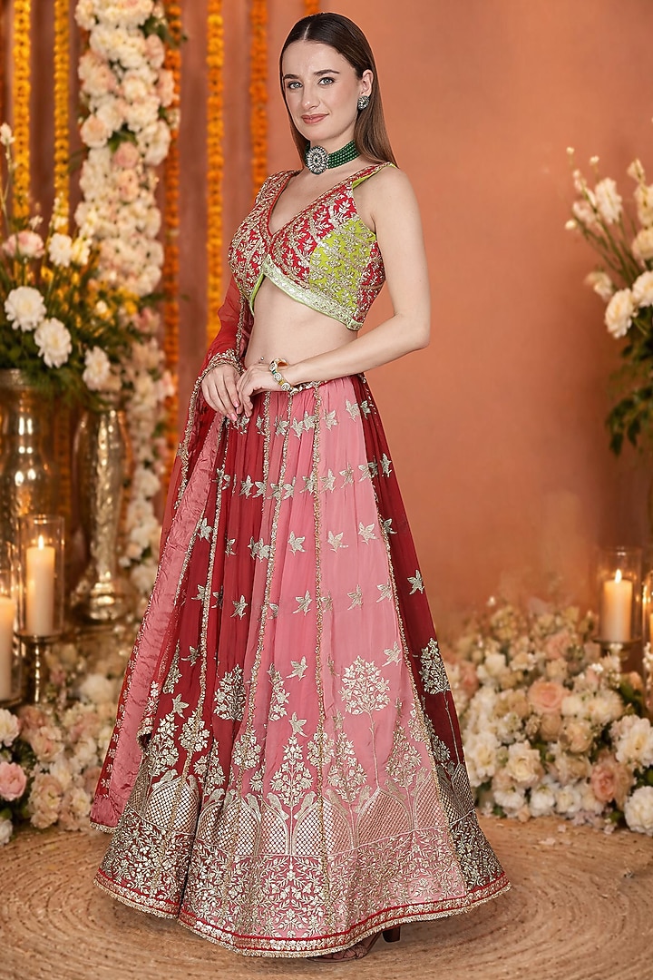 Coral Red Georgette Sequin Embroidered Wedding Lehenga Set by Milu Madan at Pernia's Pop Up Shop