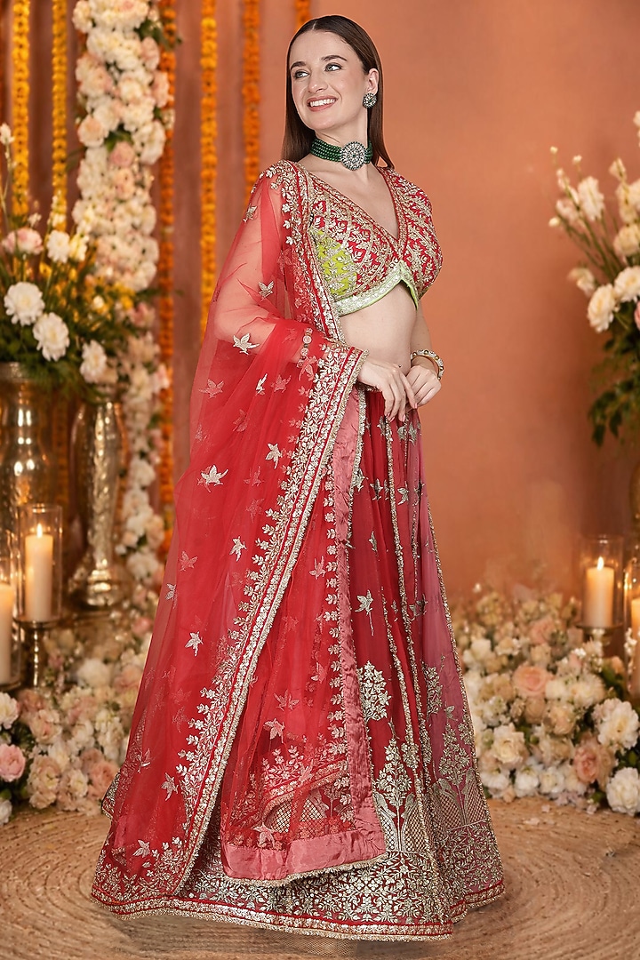 Coral Red Georgette Sequin Embroidered Wedding Lehenga Set by Milu Madan at Pernia's Pop Up Shop