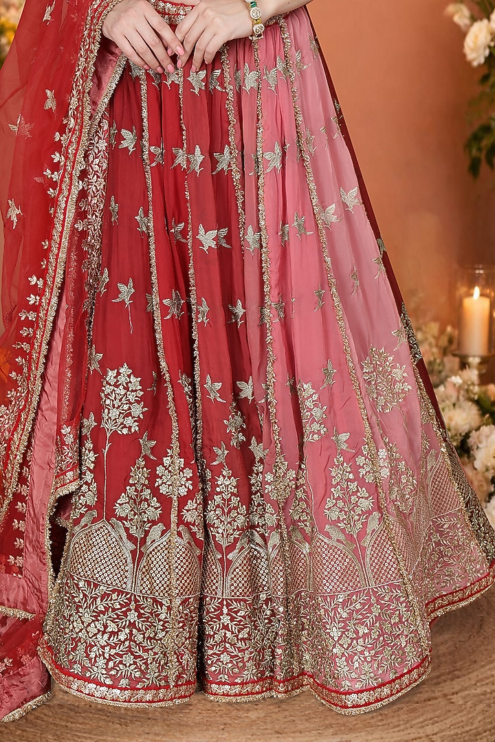 Coral Red Georgette Sequin Embroidered Wedding Lehenga Set by Milu Madan at Pernia's Pop Up Shop