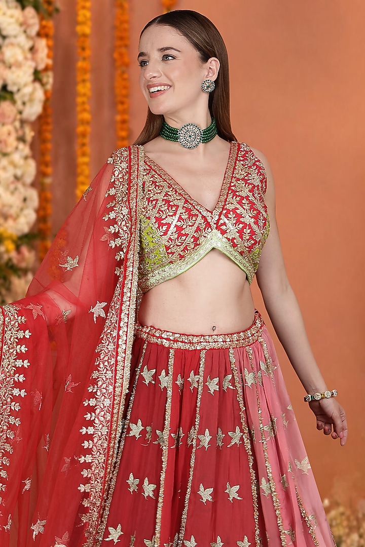 Coral Red Georgette Sequin Embroidered Wedding Lehenga Set by Milu Madan at Pernia's Pop Up Shop