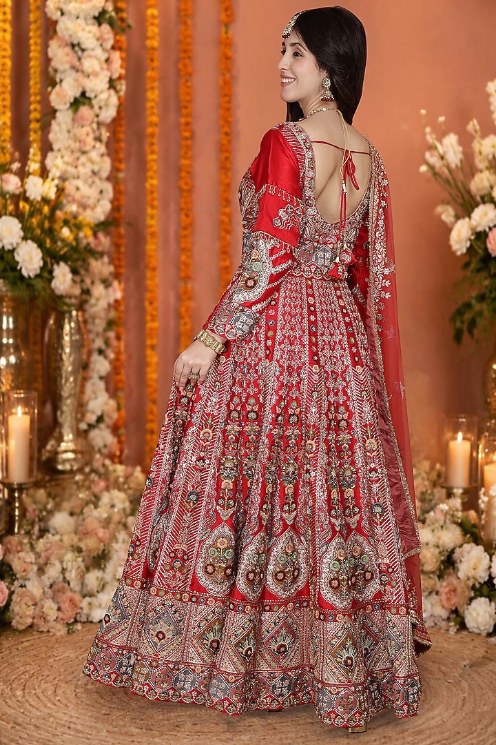 Red Viscose Dupion Silk Floral Hand Embroidered Bridal Anarkali Set by Milu Madan at Pernia's Pop Up Shop