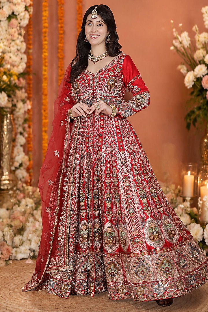Red Viscose Dupion Silk Floral Hand Embroidered Bridal Anarkali Set by Milu Madan at Pernia's Pop Up Shop