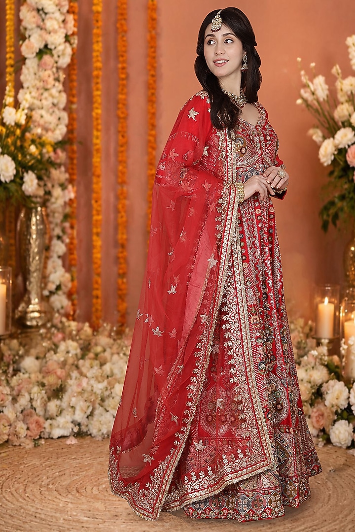 Red Viscose Dupion Silk Floral Hand Embroidered Bridal Anarkali Set by Milu Madan at Pernia's Pop Up Shop