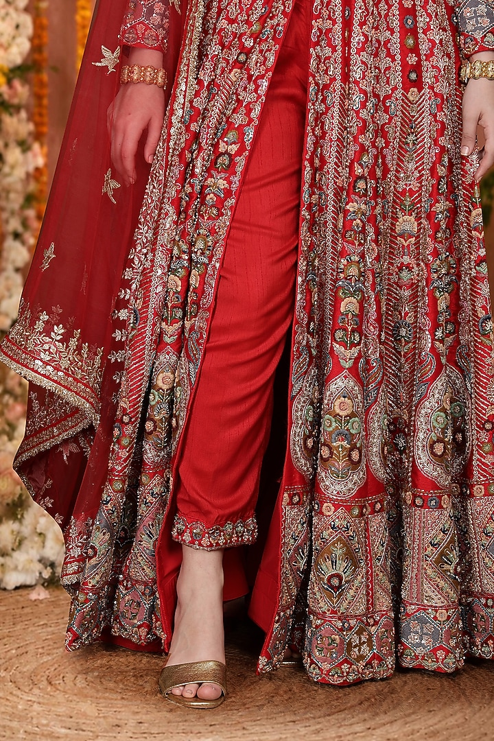 Red Viscose Dupion Silk Floral Hand Embroidered Bridal Anarkali Set by Milu Madan at Pernia's Pop Up Shop
