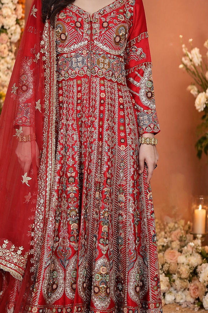 Red Viscose Dupion Silk Floral Hand Embroidered Bridal Anarkali Set by Milu Madan at Pernia's Pop Up Shop