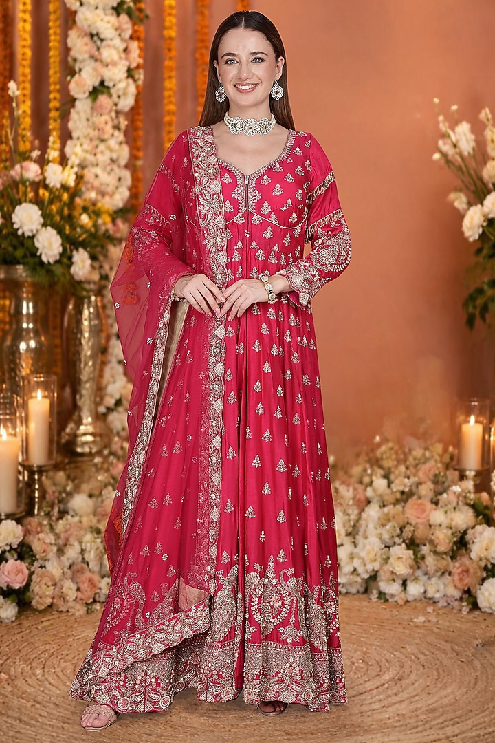 Hot Pink Viscose Dupion Silk Floral Hand Embroidered Bridal Anarkali Set by Milu Madan at Pernia's Pop Up Shop