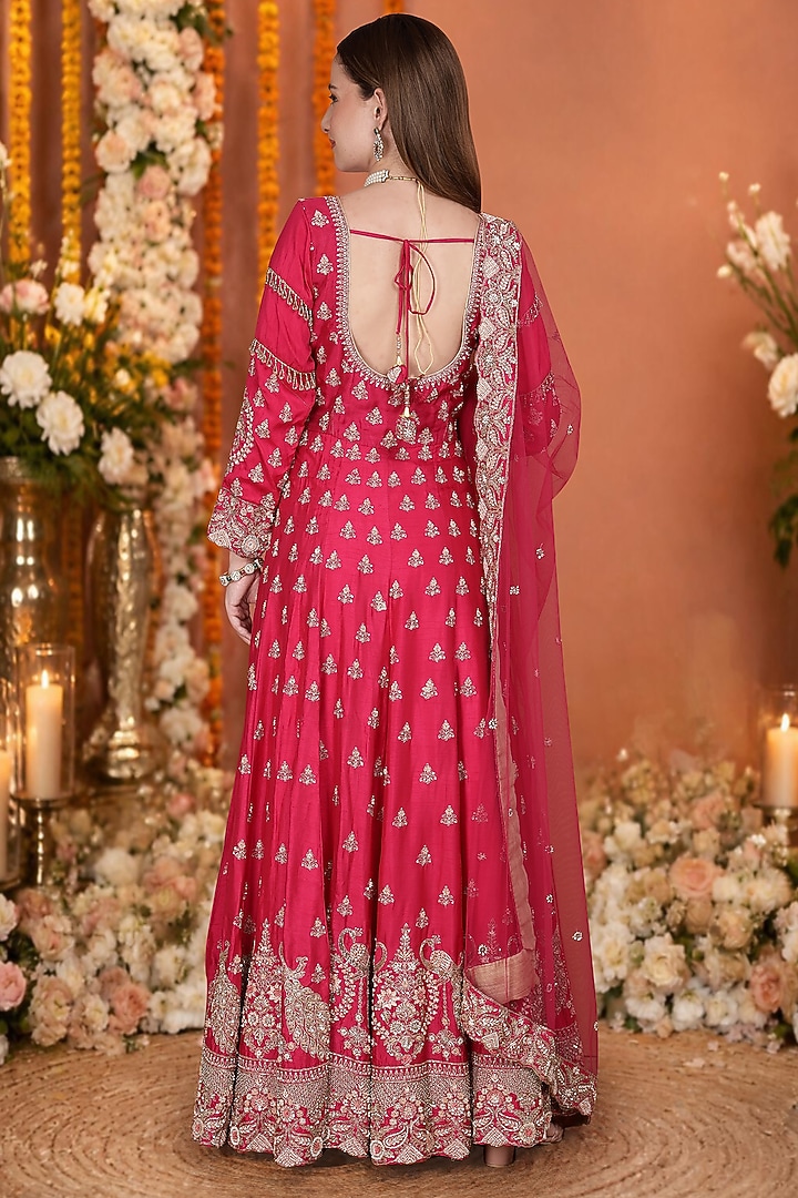 Hot Pink Viscose Dupion Silk Floral Hand Embroidered Bridal Anarkali Set by Milu Madan at Pernia's Pop Up Shop