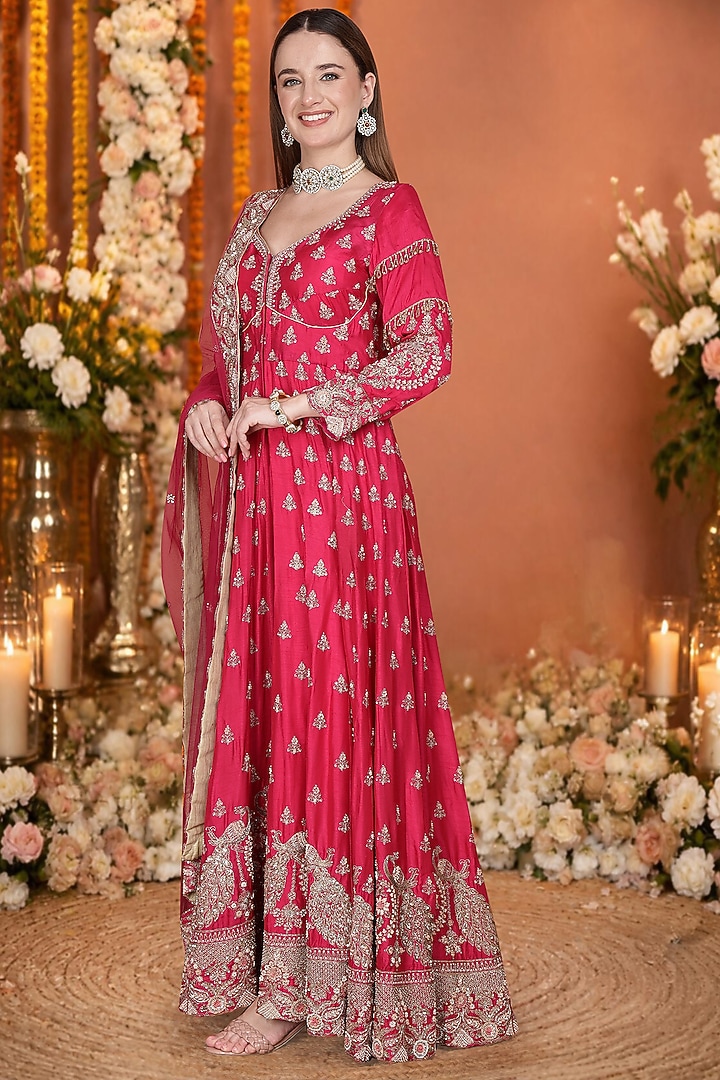 Hot Pink Viscose Dupion Silk Floral Hand Embroidered Bridal Anarkali Set by Milu Madan at Pernia's Pop Up Shop