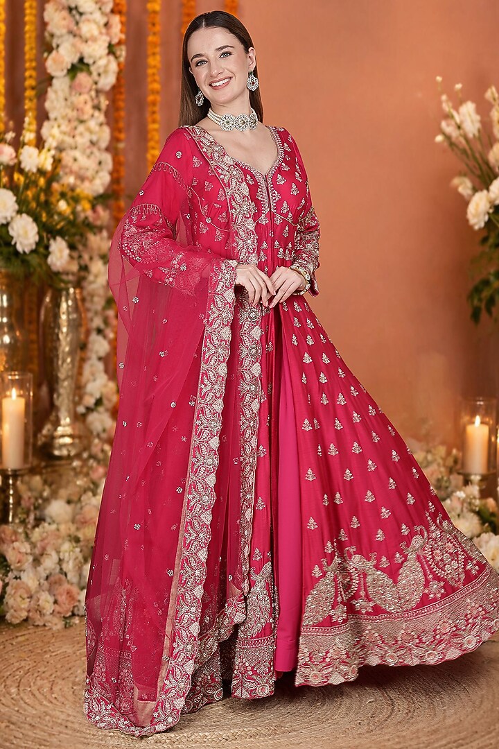 Hot Pink Viscose Dupion Silk Floral Hand Embroidered Bridal Anarkali Set by Milu Madan at Pernia's Pop Up Shop