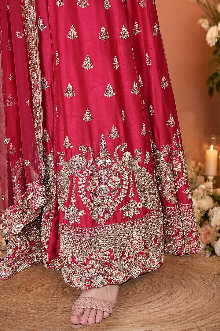 Hot Pink Viscose Dupion Silk Floral Hand Embroidered Bridal Anarkali Set by Milu Madan at Pernia's Pop Up Shop