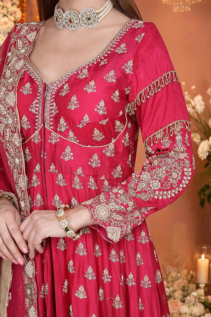 Hot Pink Viscose Dupion Silk Floral Hand Embroidered Bridal Anarkali Set by Milu Madan at Pernia's Pop Up Shop