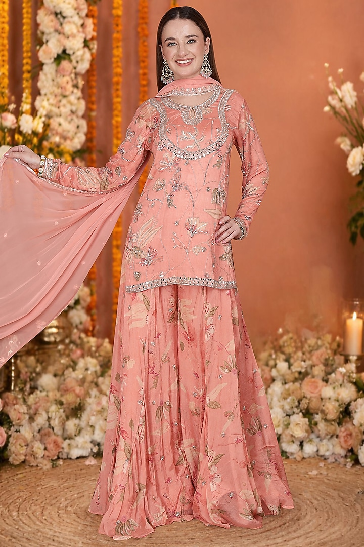 Peach Chinon & Chiffon Floral Printed Wedding Sharara Set by Milu Madan at Pernia's Pop Up Shop