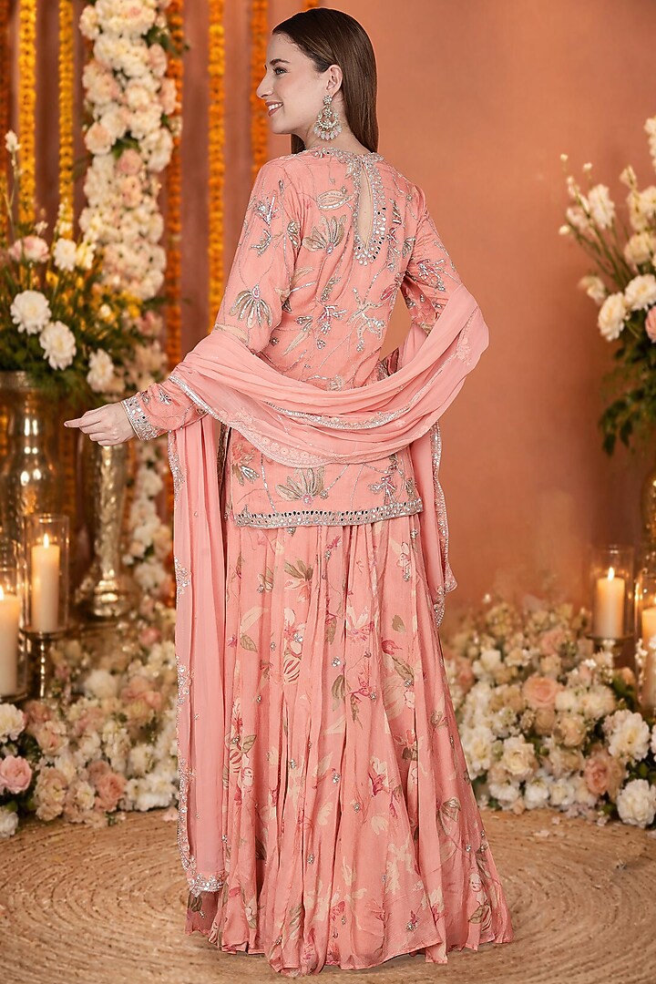 Peach Chinon & Chiffon Floral Printed Wedding Sharara Set by Milu Madan at Pernia's Pop Up Shop