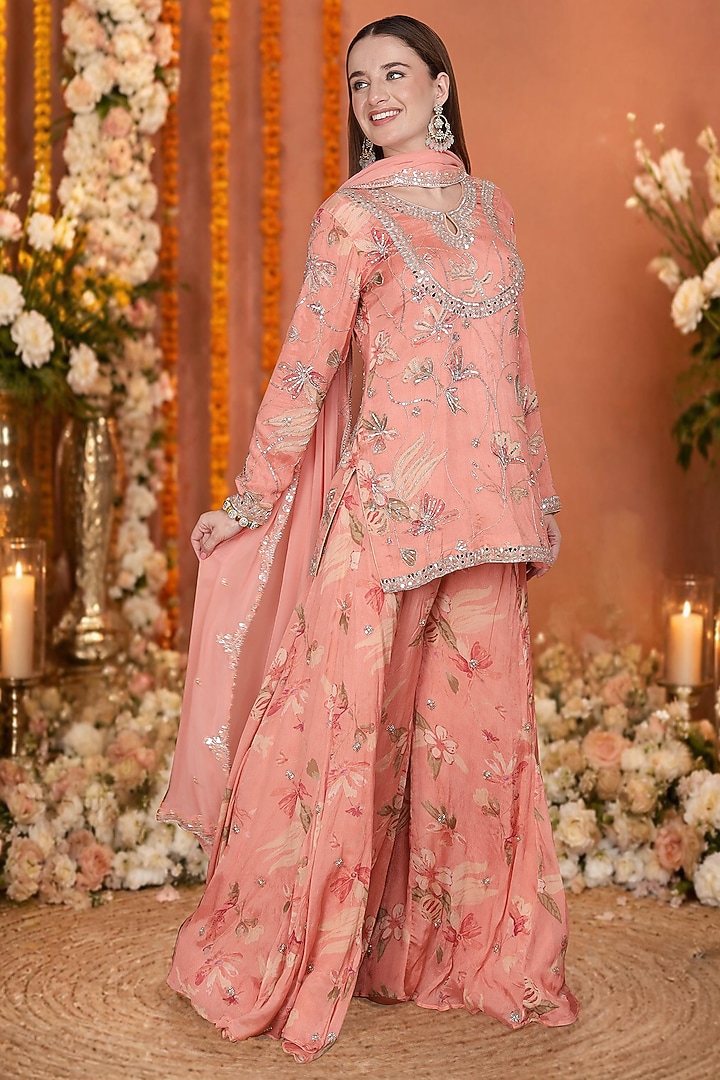 Peach Chinon & Chiffon Floral Printed Wedding Sharara Set by Milu Madan at Pernia's Pop Up Shop
