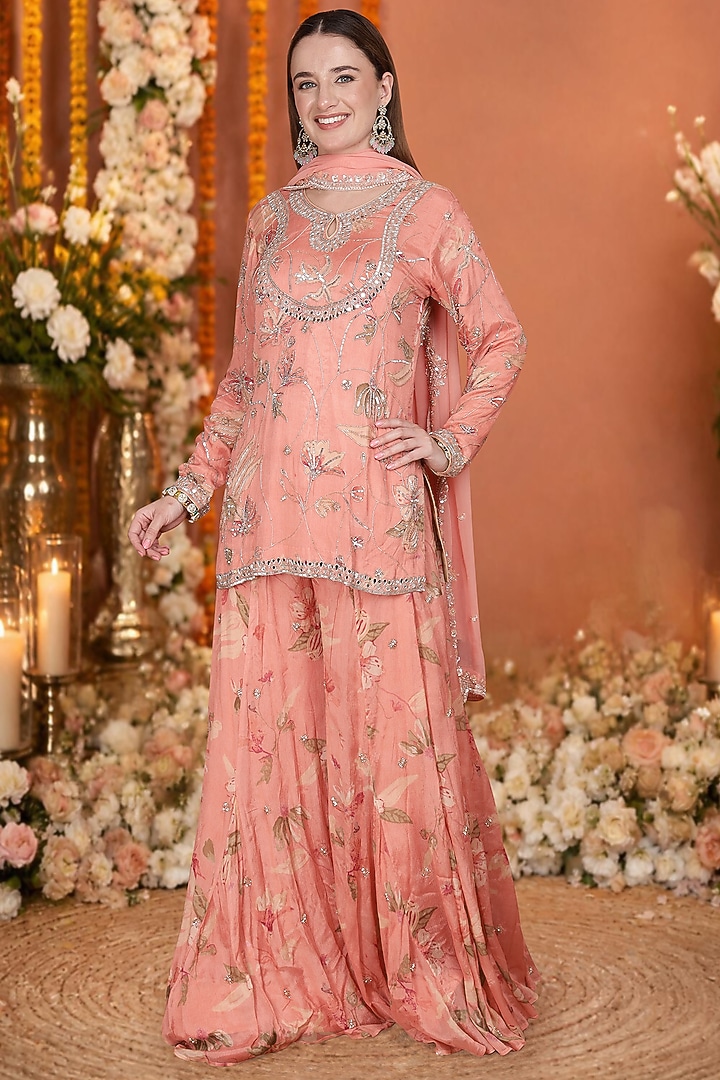 Peach Chinon & Chiffon Floral Printed Wedding Sharara Set by Milu Madan at Pernia's Pop Up Shop