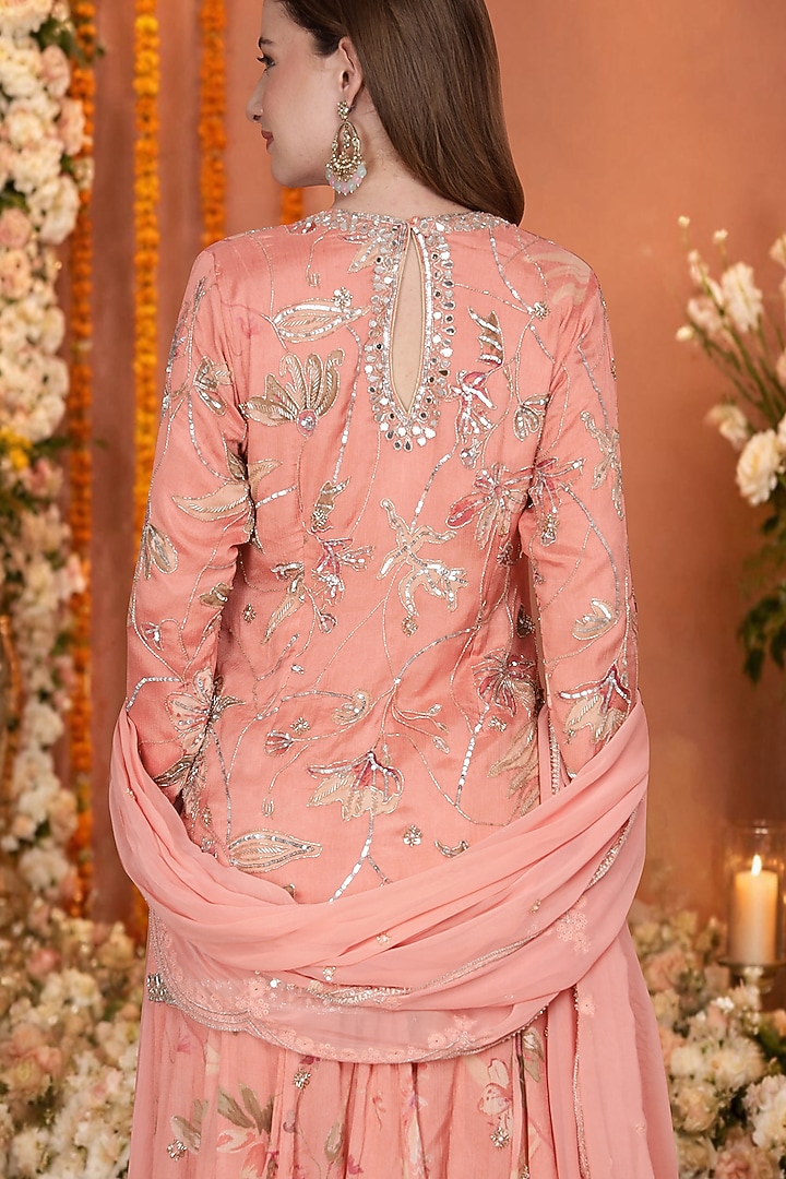 Peach Chinon & Chiffon Floral Printed Wedding Sharara Set by Milu Madan at Pernia's Pop Up Shop