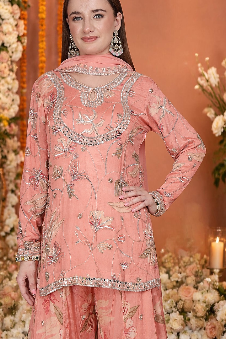 Peach Chinon & Chiffon Floral Printed Wedding Sharara Set by Milu Madan at Pernia's Pop Up Shop