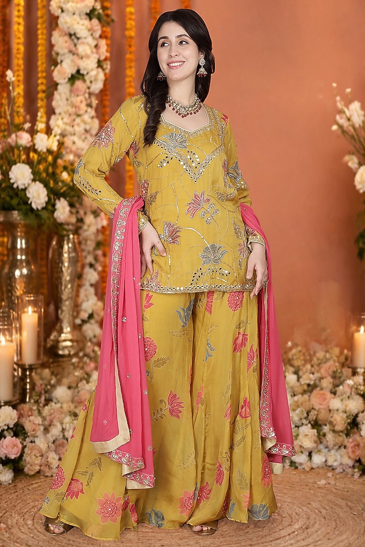 Mustard Vicose Organza Floral Printed Wedding Sharara Set by Milu Madan at Pernia's Pop Up Shop