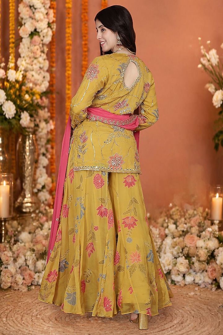 Mustard Vicose Organza Floral Printed Wedding Sharara Set by Milu Madan at Pernia's Pop Up Shop