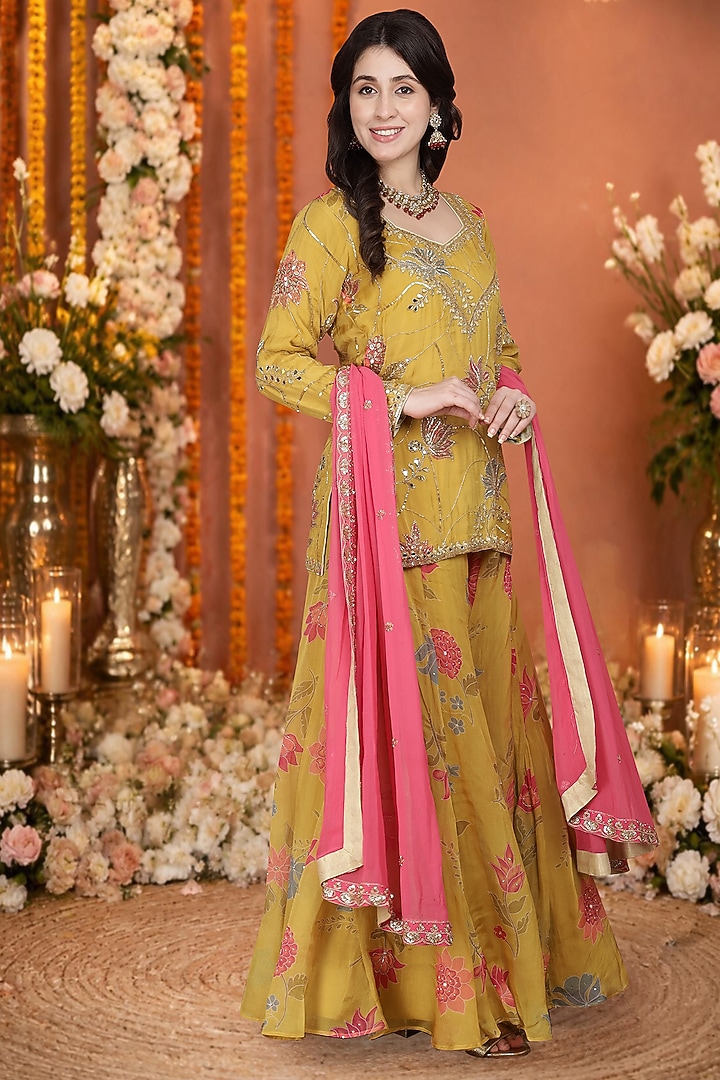 Mustard Vicose Organza Floral Printed Wedding Sharara Set by Milu Madan at Pernia's Pop Up Shop