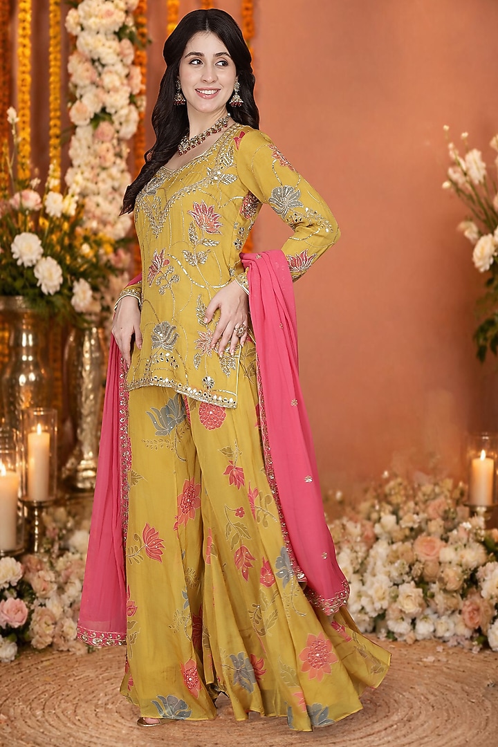 Mustard Vicose Organza Floral Printed Wedding Sharara Set by Milu Madan at Pernia's Pop Up Shop