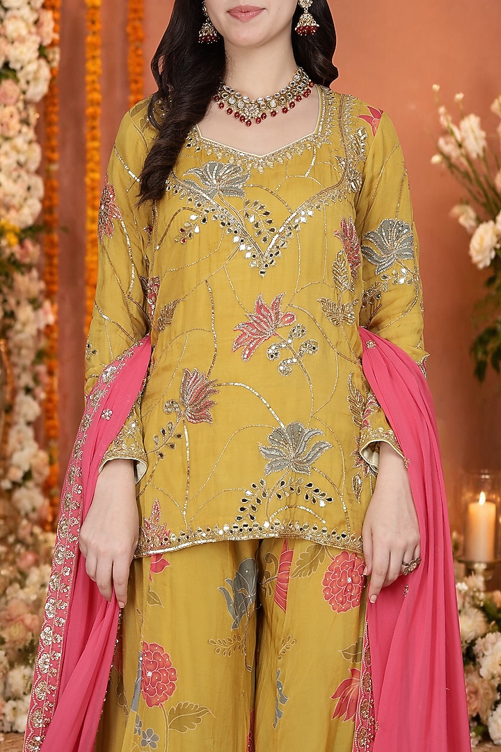 Mustard Vicose Organza Floral Printed Wedding Sharara Set by Milu Madan at Pernia's Pop Up Shop