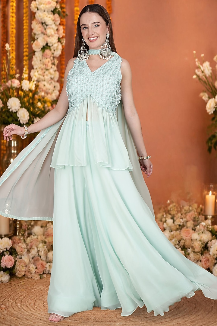 Light Sea Green Georgette Flared Wedding Sharara Set by Milu Madan at Pernia's Pop Up Shop