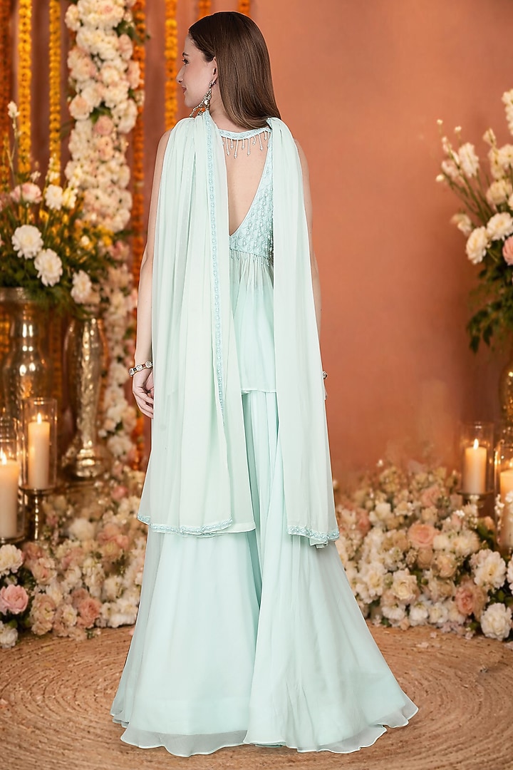 Light Sea Green Georgette Flared Wedding Sharara Set by Milu Madan at Pernia's Pop Up Shop